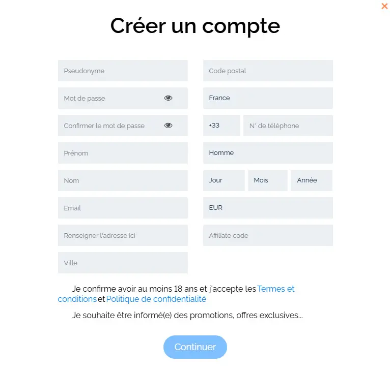 Processus d'inscription CASINO WOLFY